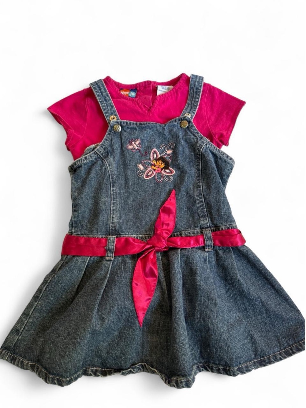 Dora - Embroidered overall dress with pink shirt